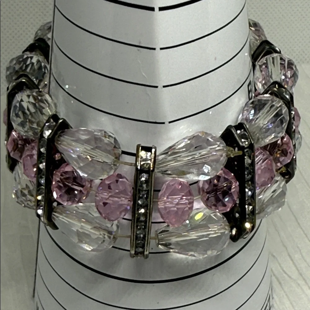 Beautiful Pink and Clear Crystal Stretch Bracelet rhinestone gun metal spacers
